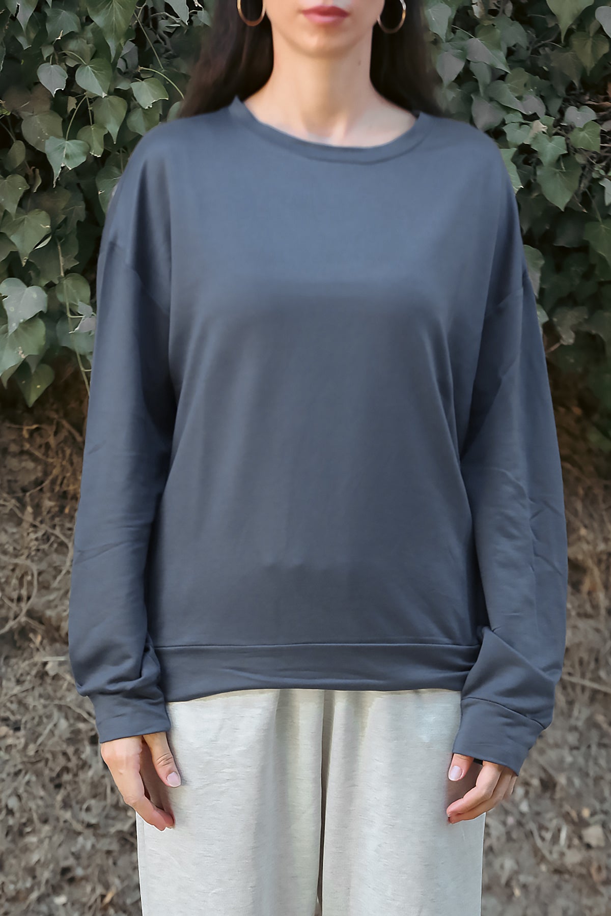 Kadın Oversize Bisiklet Yaka Sweat Füme