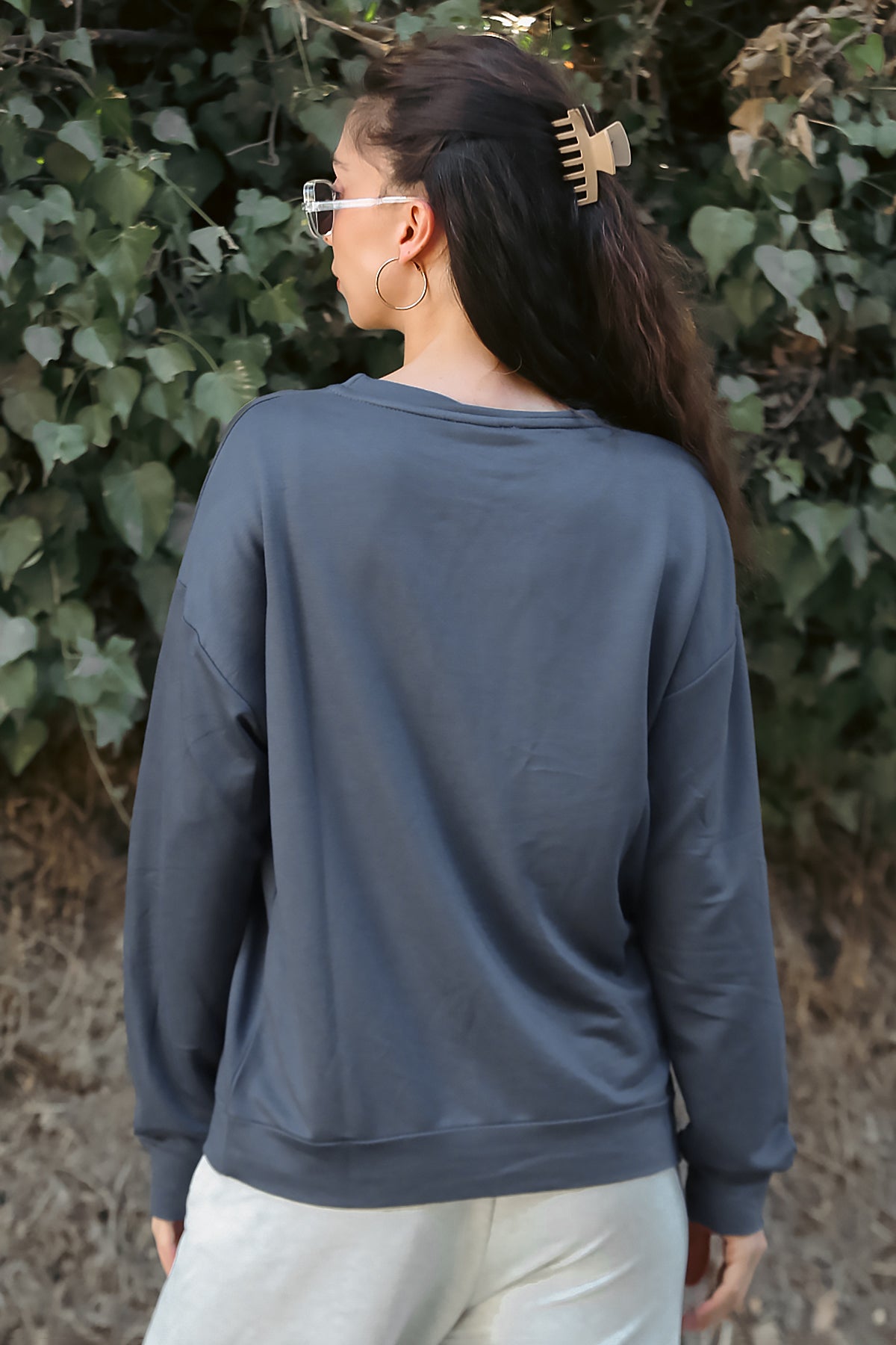 Kadın Oversize Bisiklet Yaka Sweat Füme