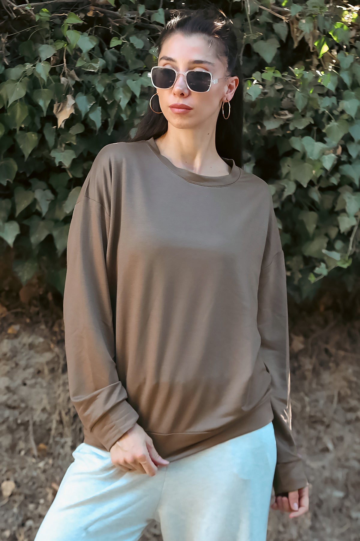 Kadın Oversize Bisiklet Yaka Sweat Kahverengi