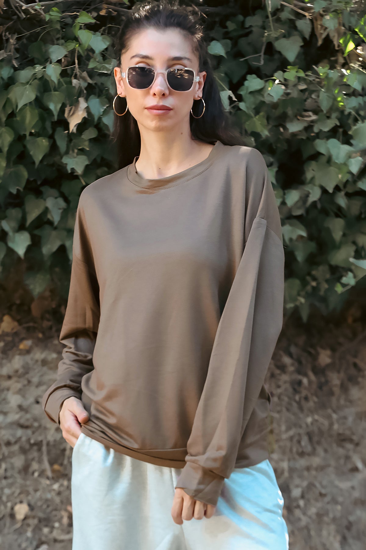 Kadın Oversize Bisiklet Yaka Sweat Kahverengi