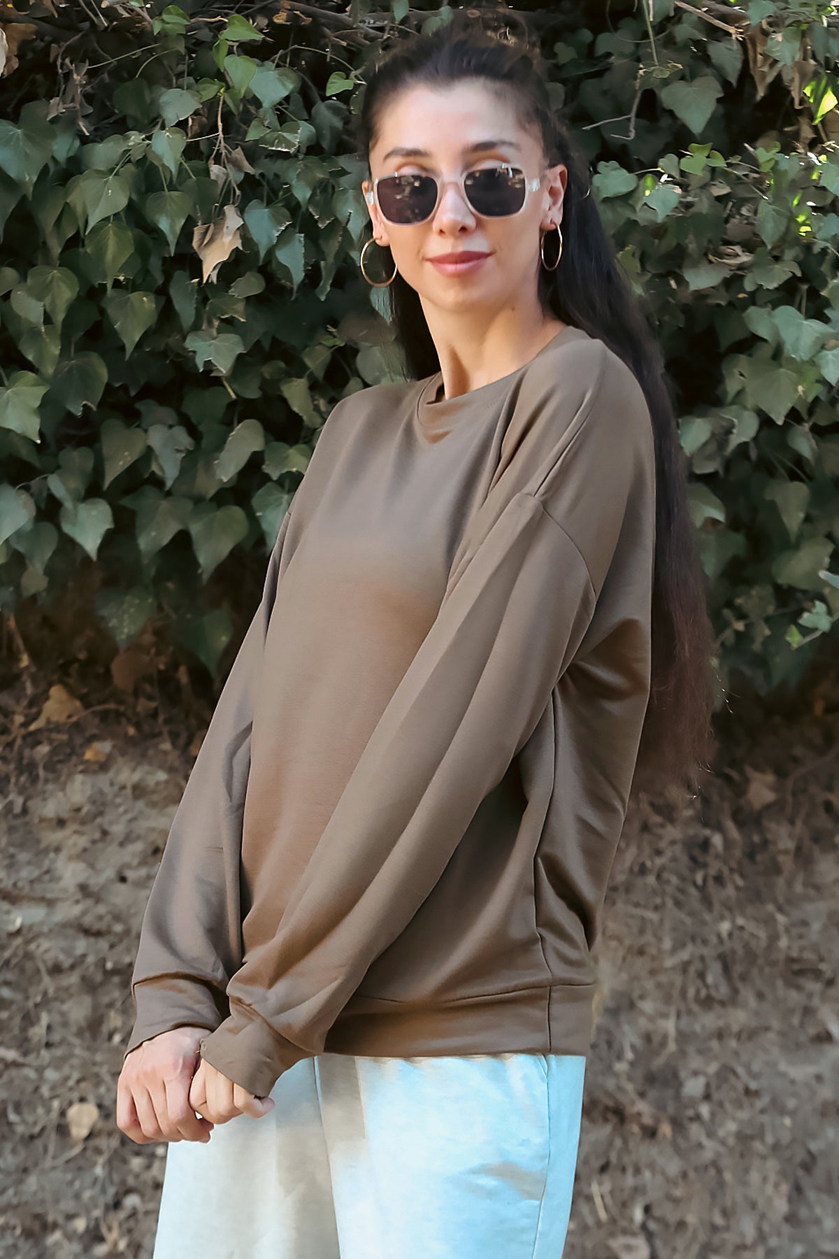 Kadın Oversize Bisiklet Yaka Sweat Kahverengi