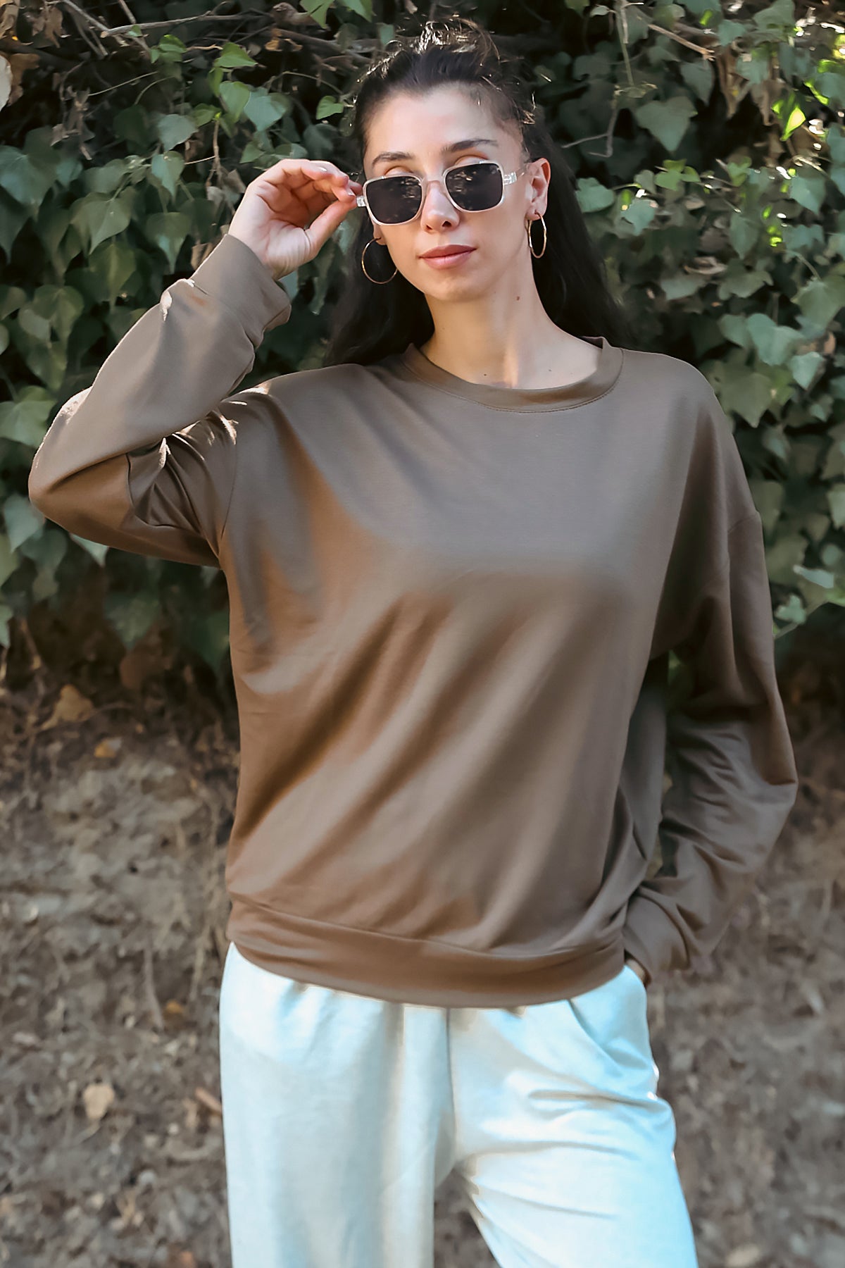 Kadın Oversize Bisiklet Yaka Sweat Kahverengi