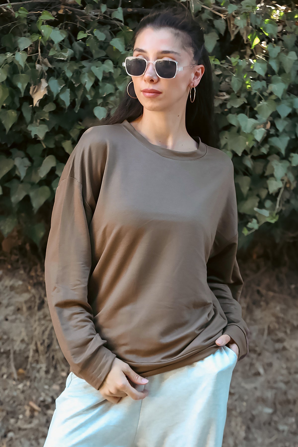 Kadın Oversize Bisiklet Yaka Sweat Kahverengi