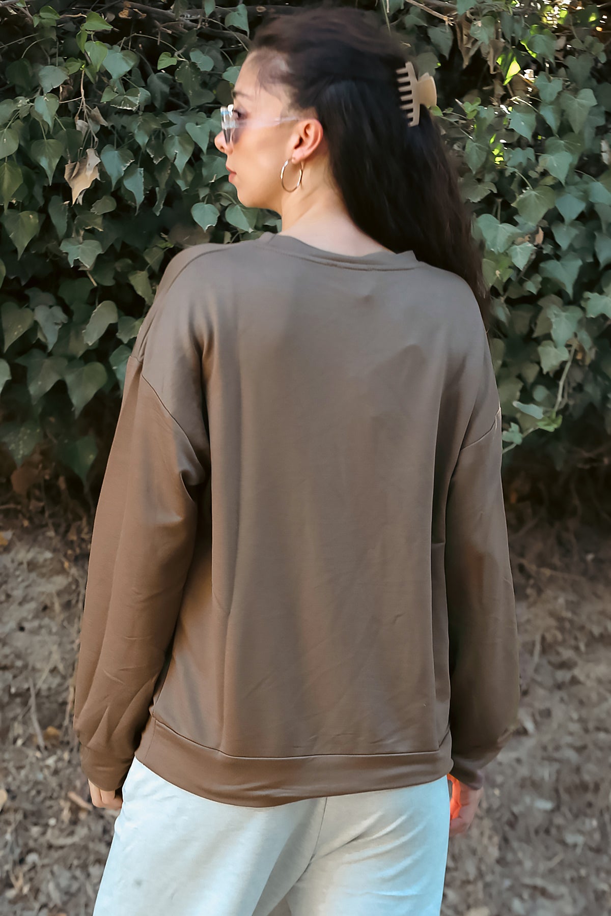 Kadın Oversize Bisiklet Yaka Sweat Kahverengi