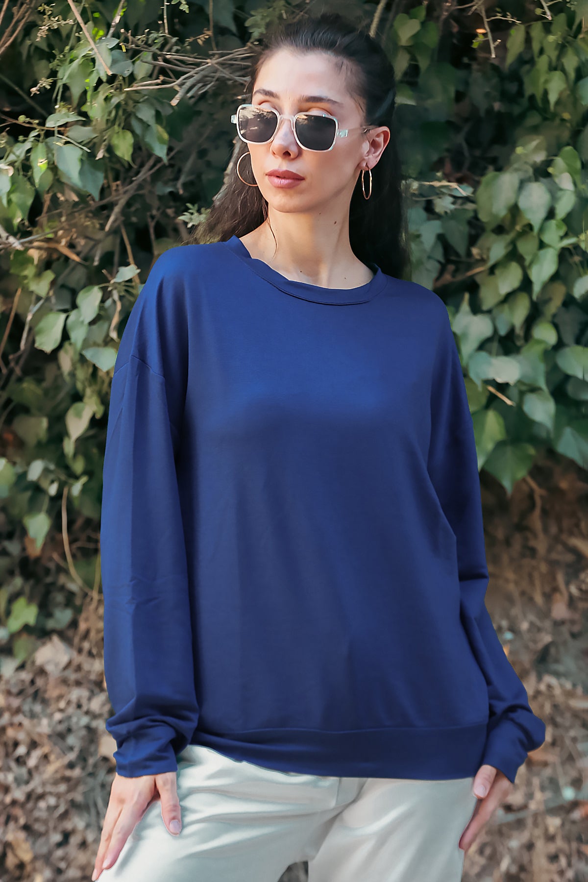 Kadın Oversize Bisiklet Yaka Sweat Lacivert