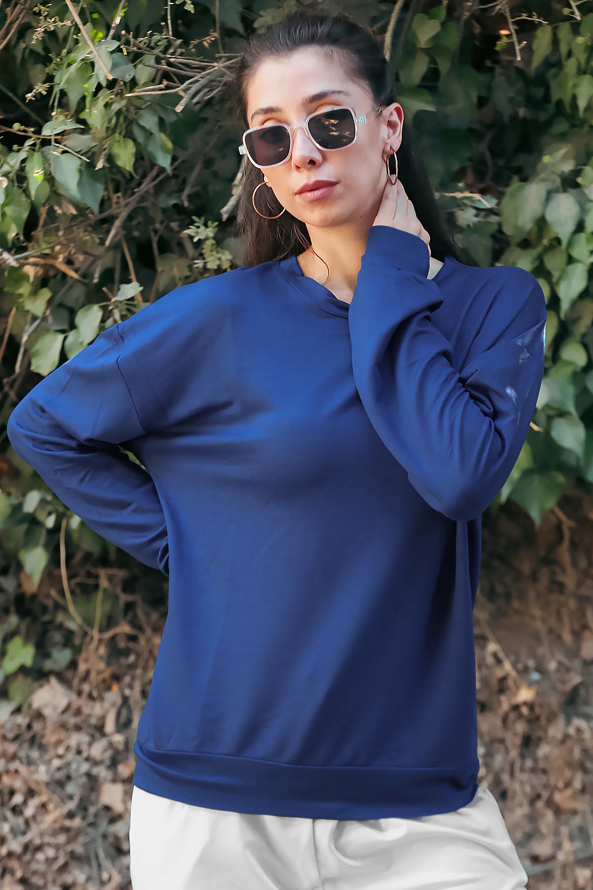 Kadın Oversize Bisiklet Yaka Sweat Lacivert