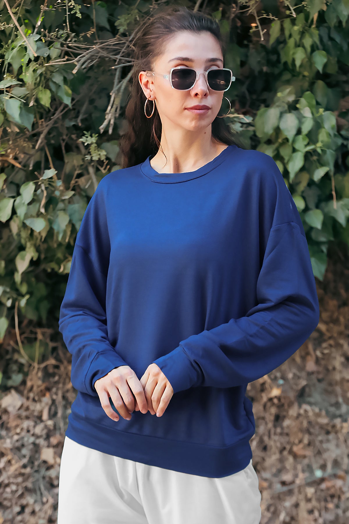 Kadın Oversize Bisiklet Yaka Sweat Lacivert