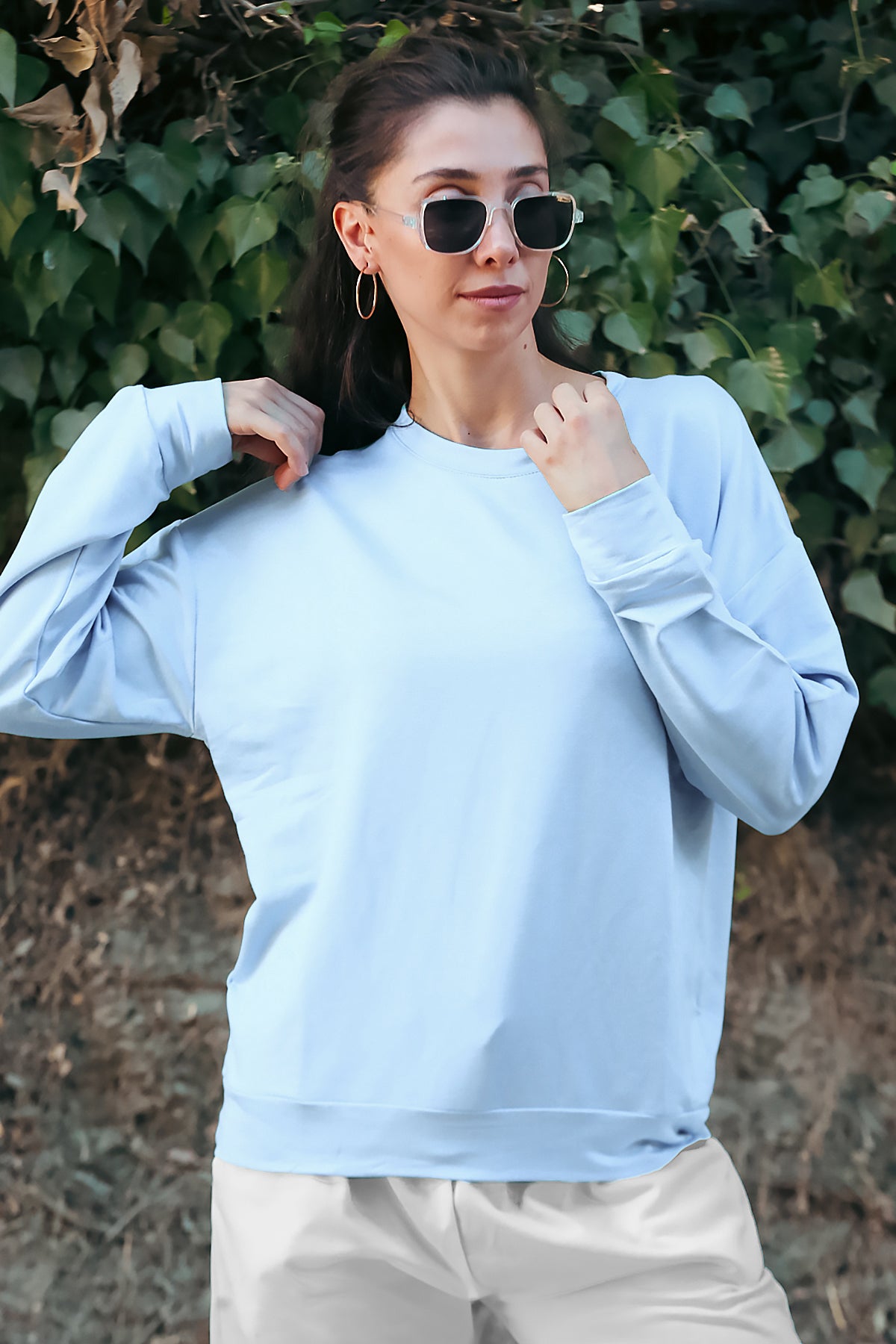 Kadın Oversize Bisiklet Yaka Sweat Mavi