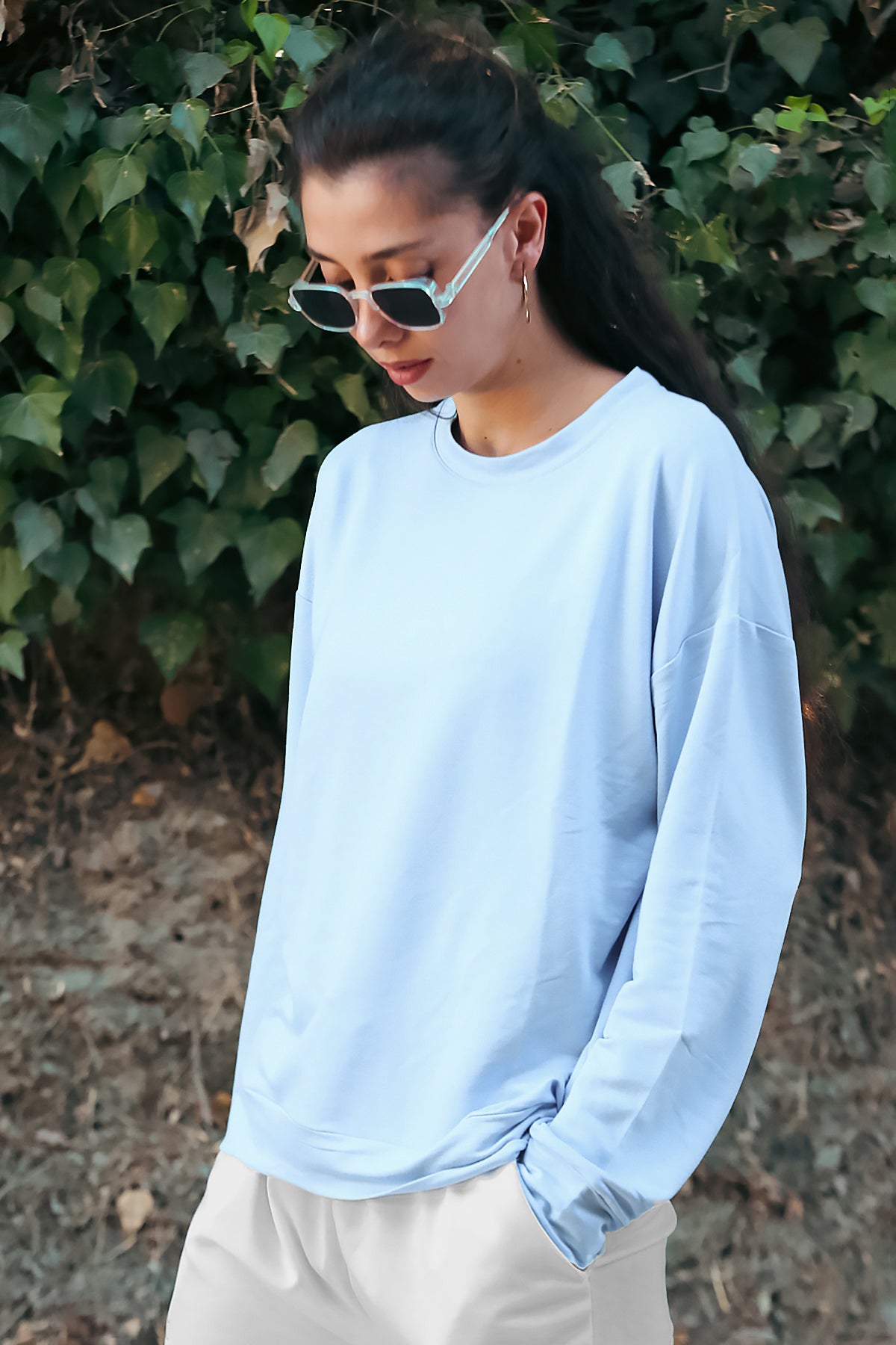 Kadın Oversize Bisiklet Yaka Sweat Mavi