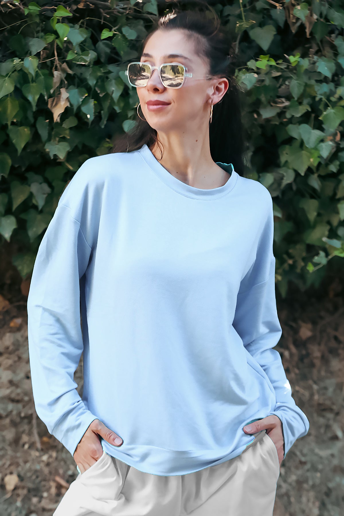 Kadın Oversize Bisiklet Yaka Sweat Mavi