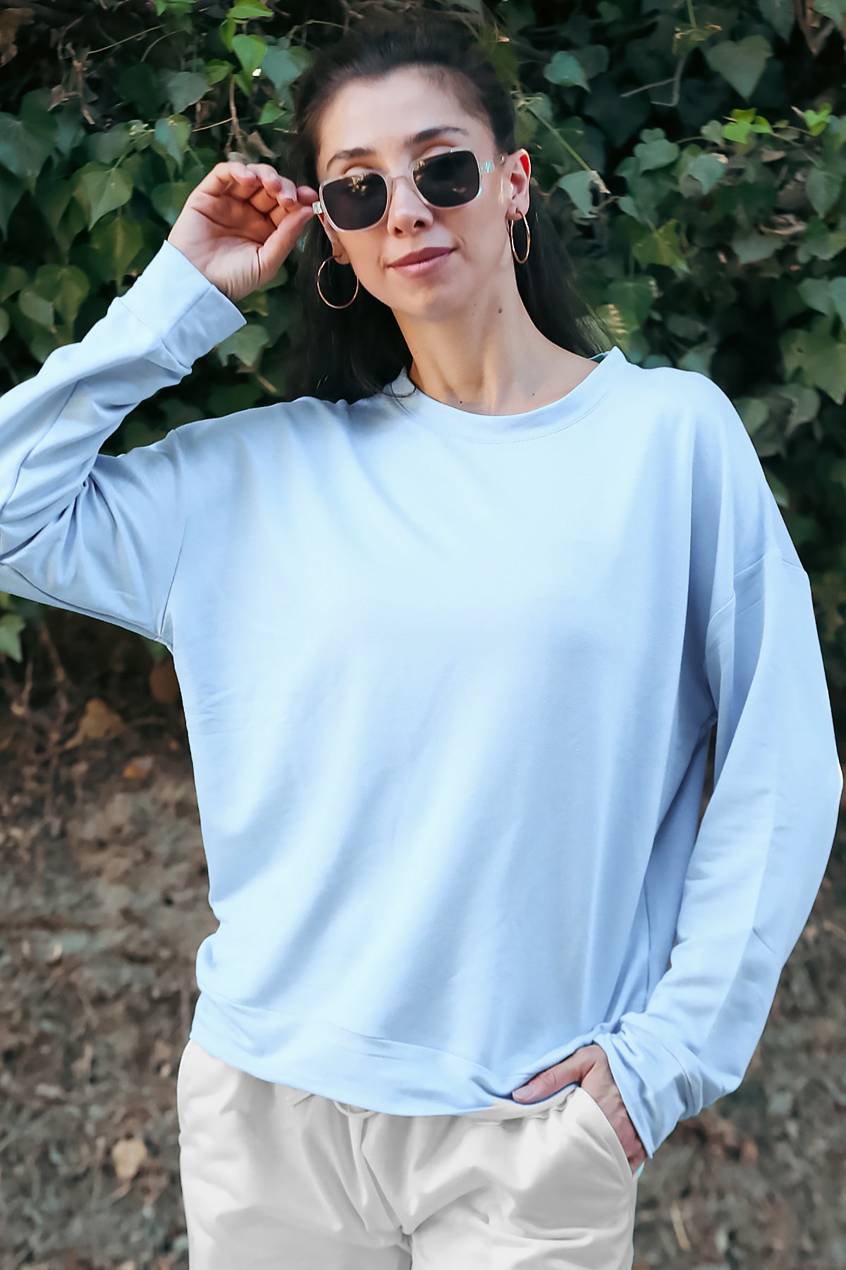 Kadın Oversize Bisiklet Yaka Sweat Mavi