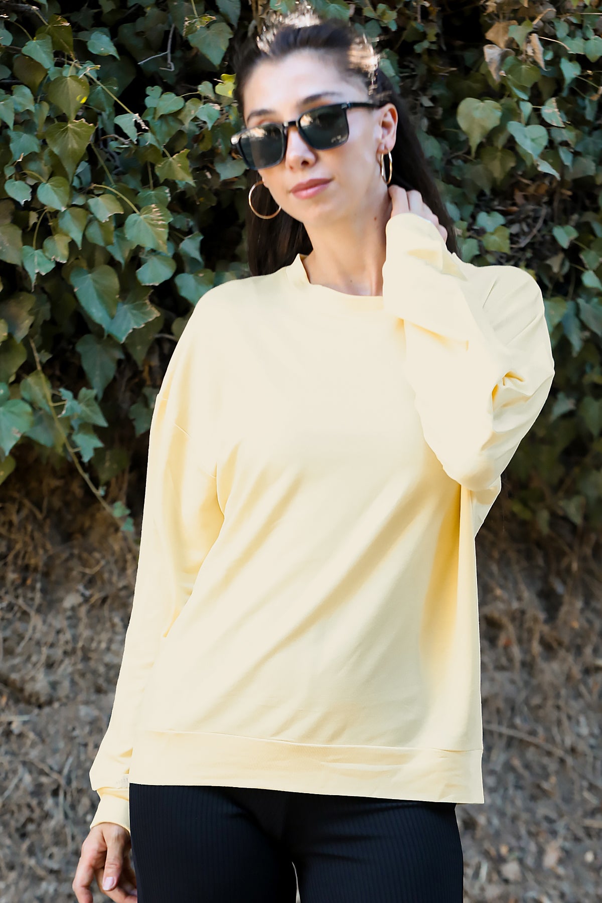 Kadın Oversize Bisiklet Yaka Sweat Sarı