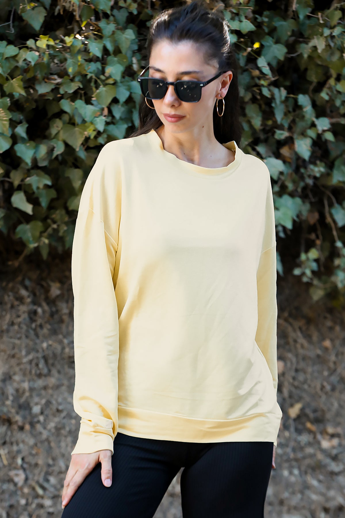 Kadın Oversize Bisiklet Yaka Sweat Sarı