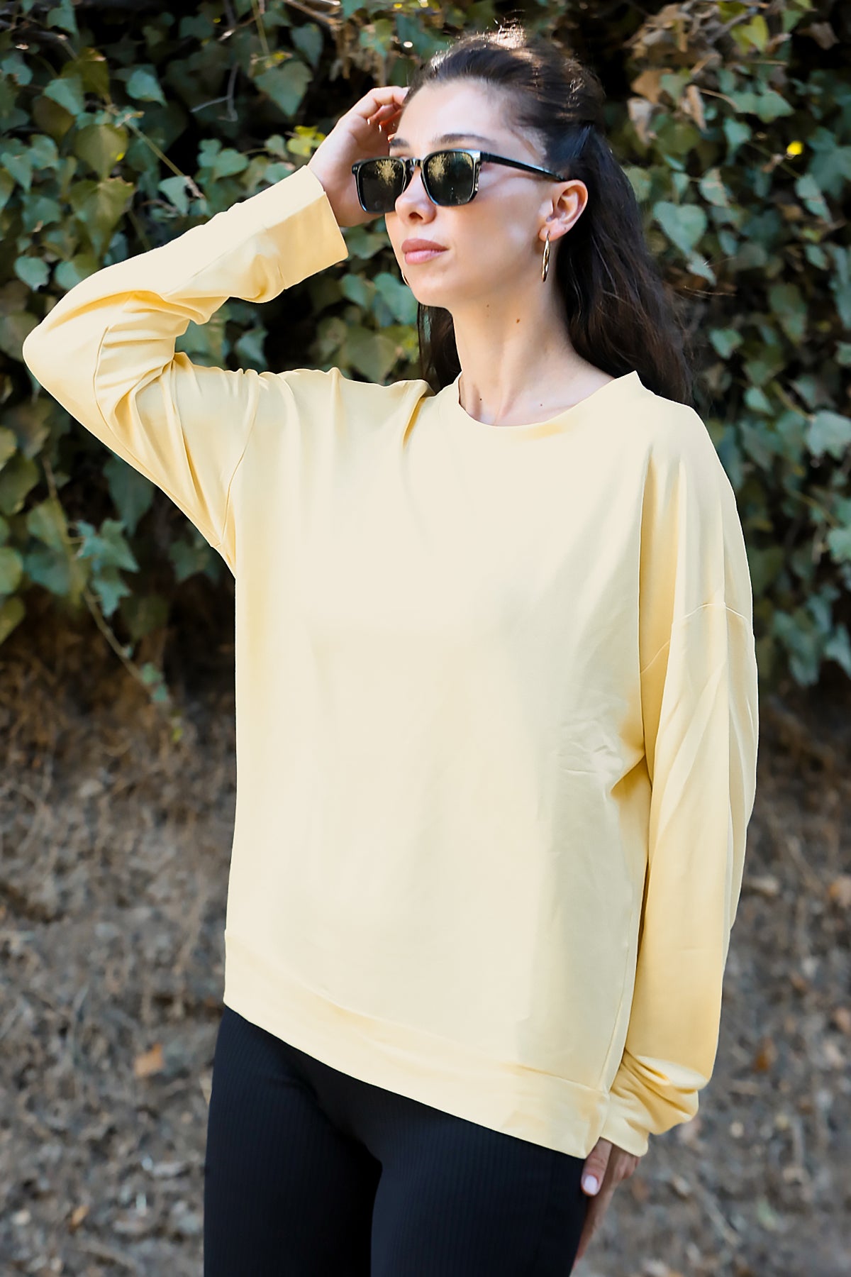Kadın Oversize Bisiklet Yaka Sweat Sarı