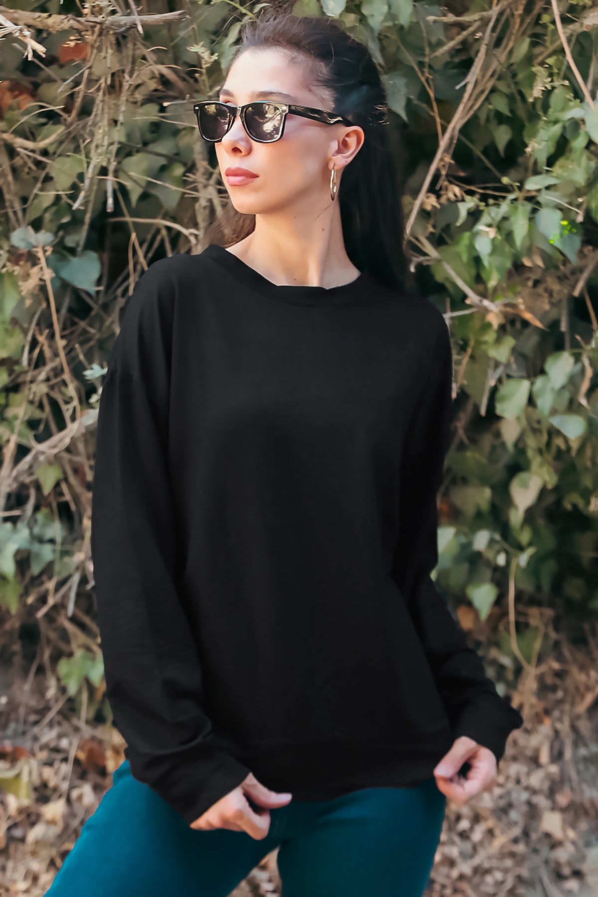 Kadın Oversize Bisiklet Yaka Sweat Siyah
