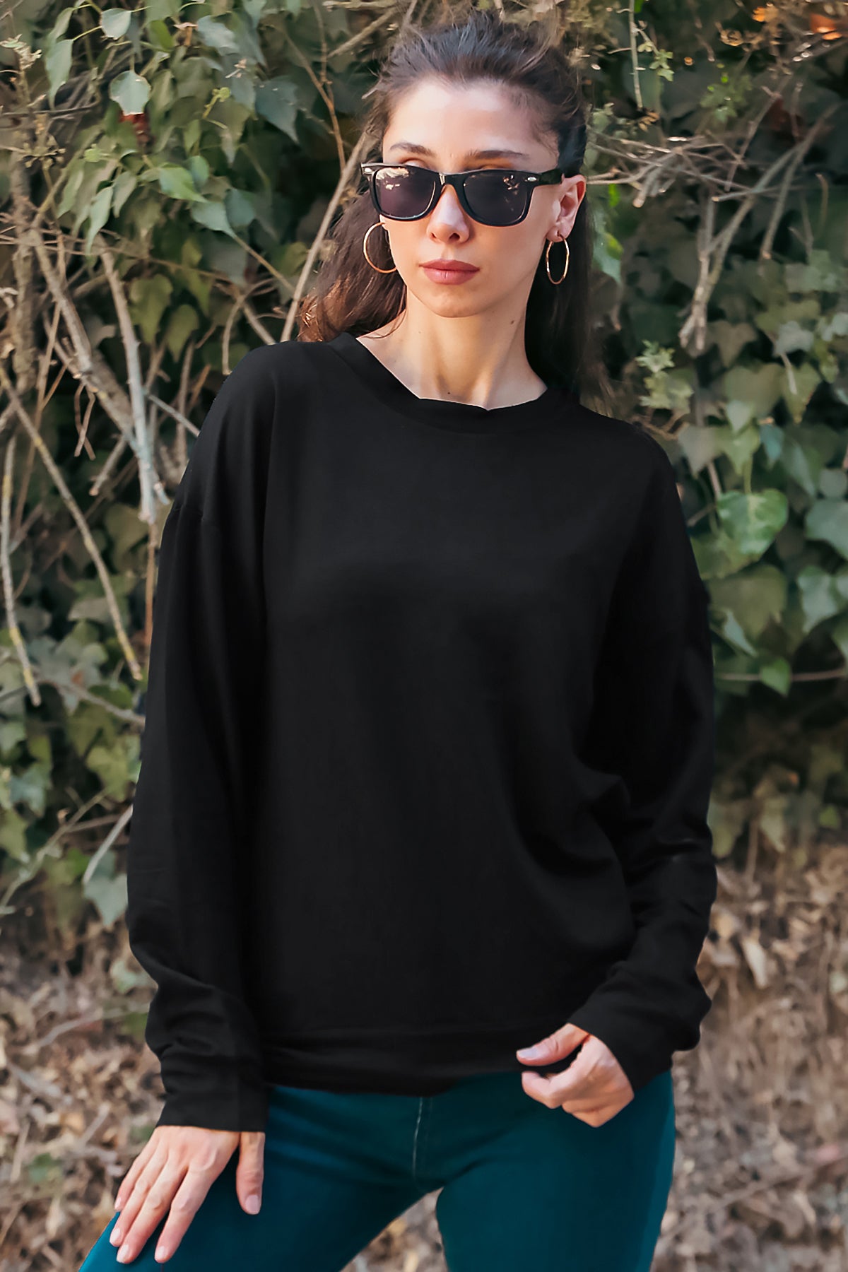 Kadın Oversize Bisiklet Yaka Sweat Siyah