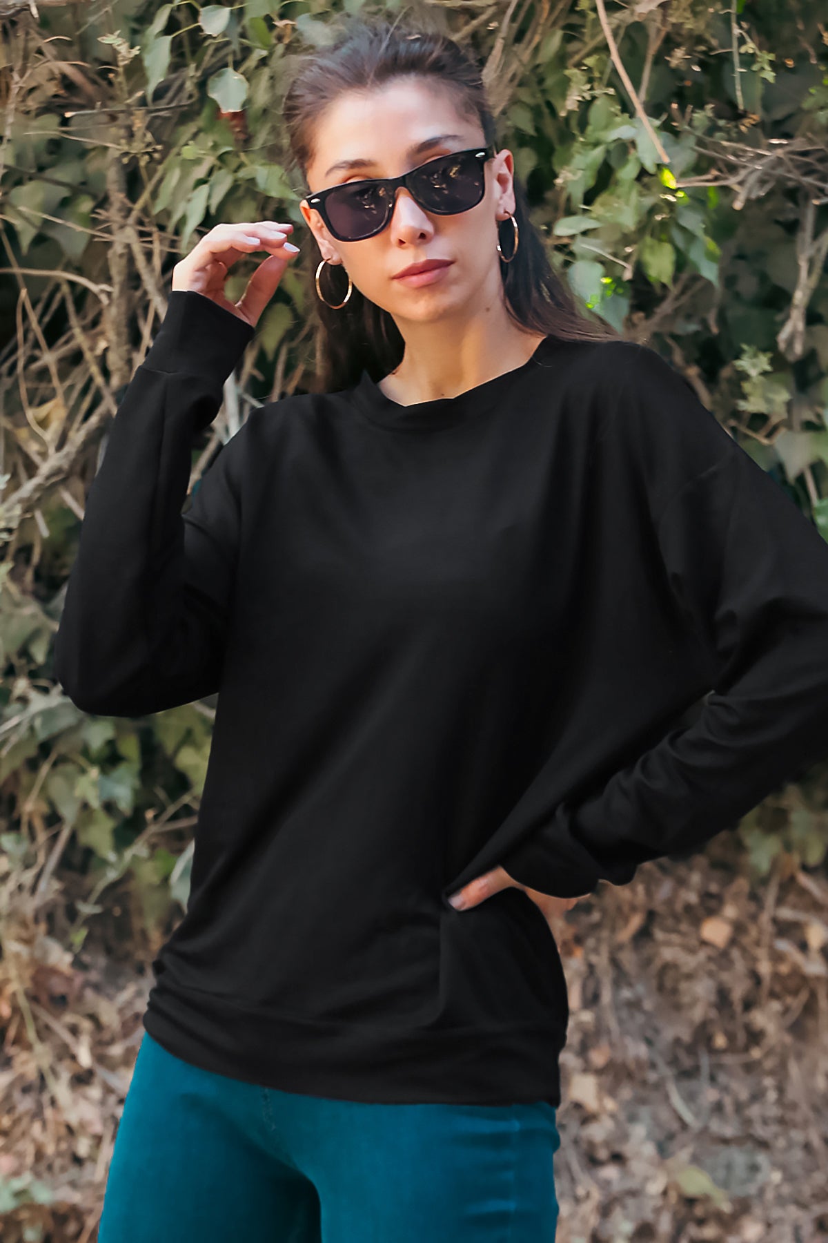 Kadın Oversize Bisiklet Yaka Sweat Siyah