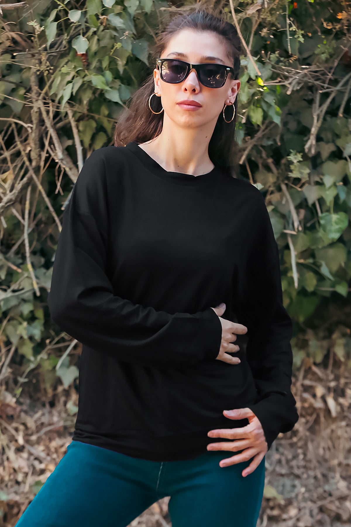 Kadın Oversize Bisiklet Yaka Sweat Siyah