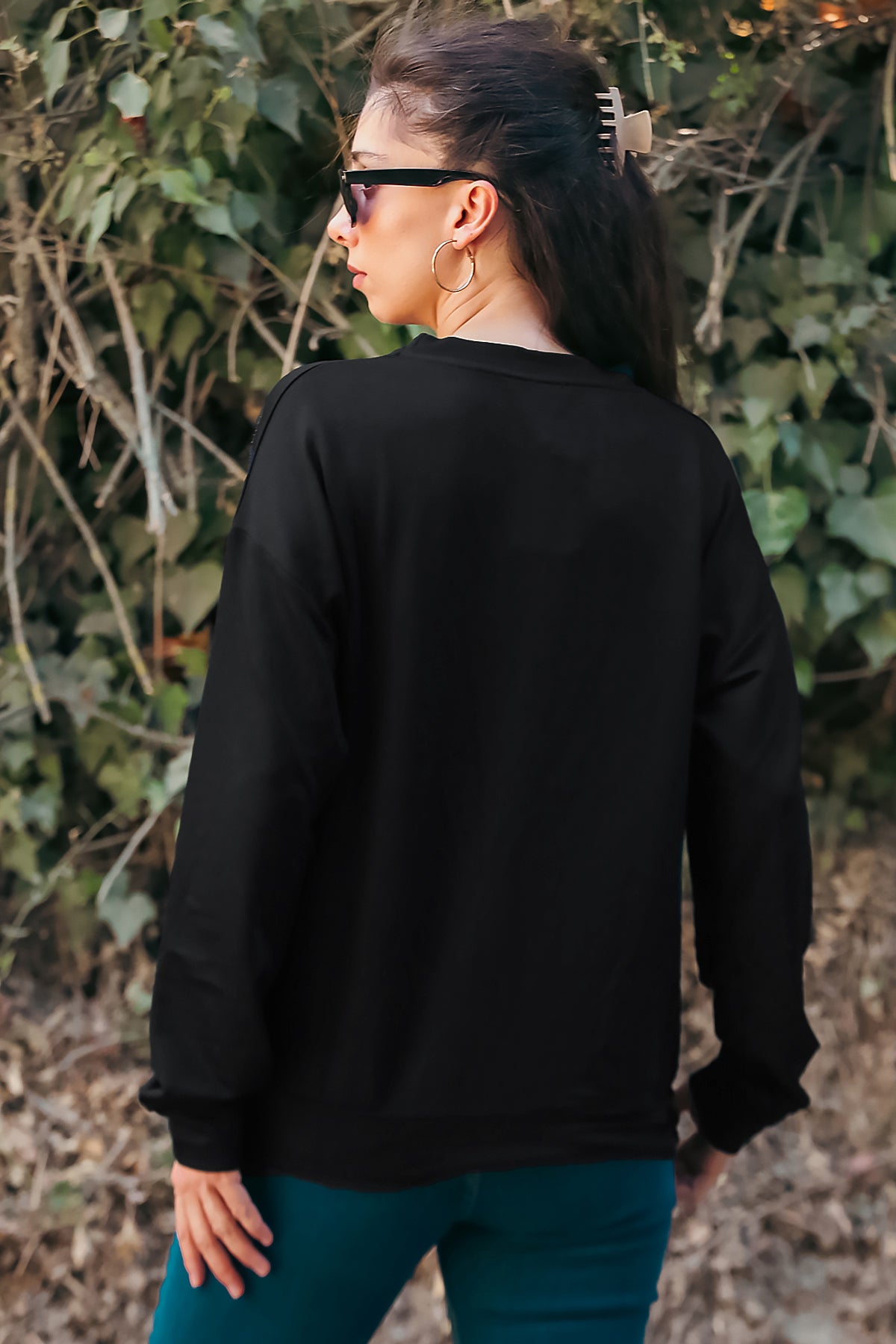 Kadın Oversize Bisiklet Yaka Sweat Siyah