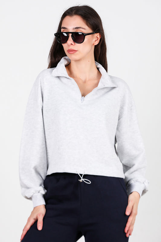 Kadın Yarım Fermuar Dik Yaka Bel Lastikli Sweat Gri