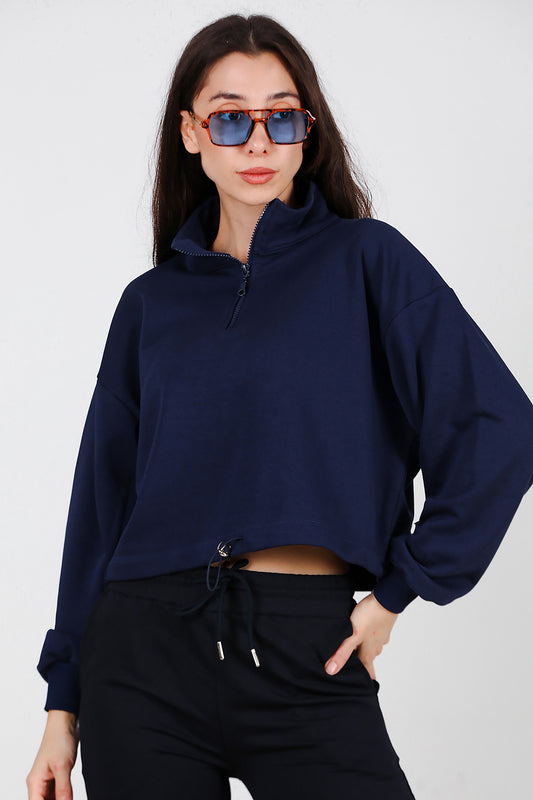 Kadın Yarım Fermuar Dik Yaka Bel Lastikli Sweat Lacivert