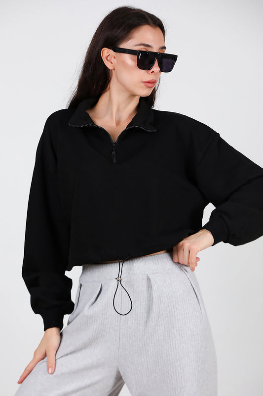 Kadın Yarım Fermuar Dik Yaka Bel Lastikli Sweet Siyah