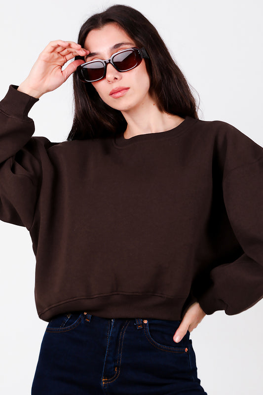 Kadın Oversize Bisiklet Yaka Sweat Kahverengi