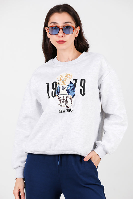 Kadın Nakışlı Şardonlu Bisiklet Yaka Sweat Gri