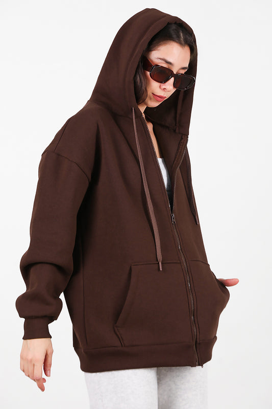 Kadın Kapşonlu Fermuarlı Oversize Üç İplik Sweat Kahverengi