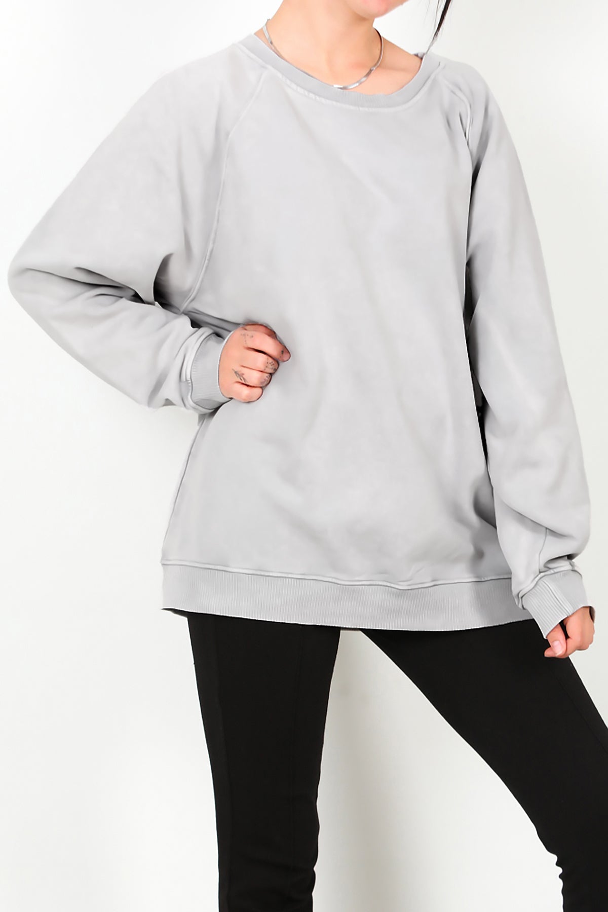 Kadın Reglon Kol Oversize Bisiklet Yaka Sweat Gri