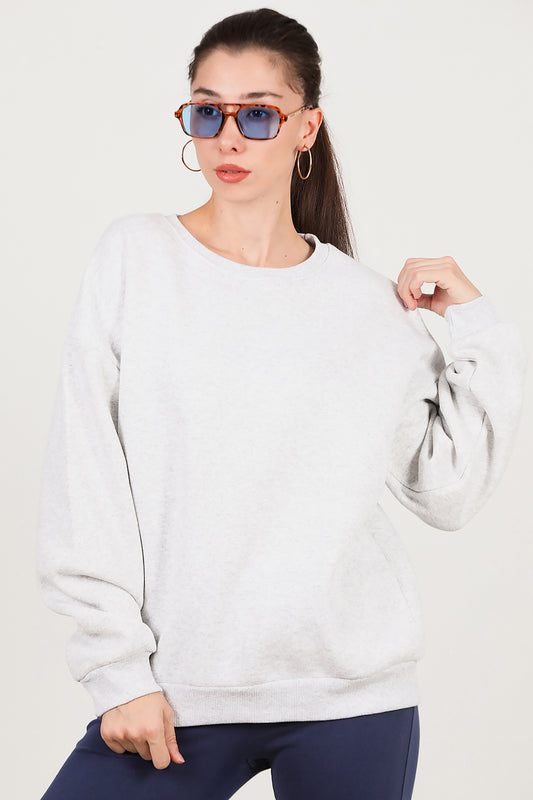 Kadın Bisiklet Yaka Üç İplik Oversize Sweat Açık Gri