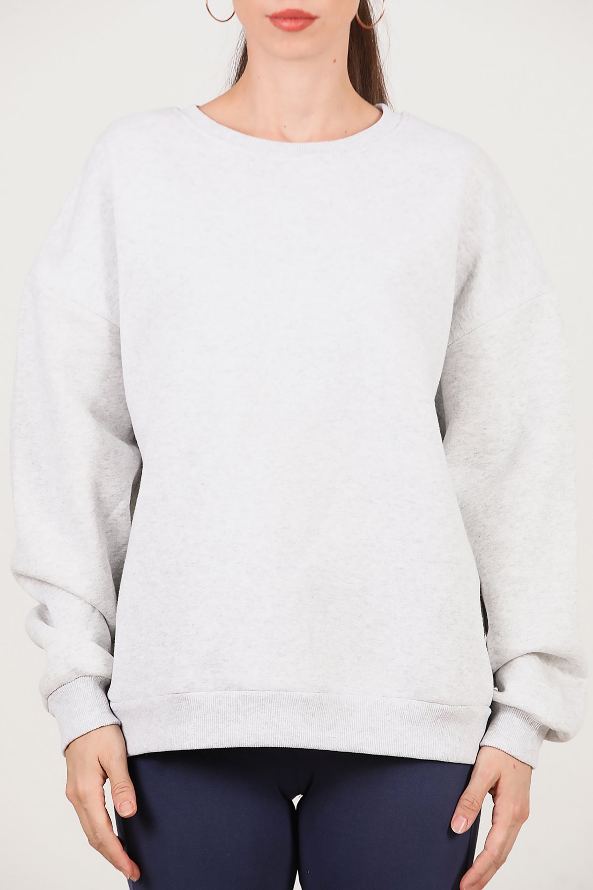 Kadın Bisiklet Yaka Üç İplik Oversize Sweat Açık Gri