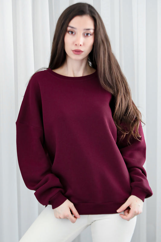 Kadın Bisiklet Yaka Üç İplik Oversize Sweat Bordo