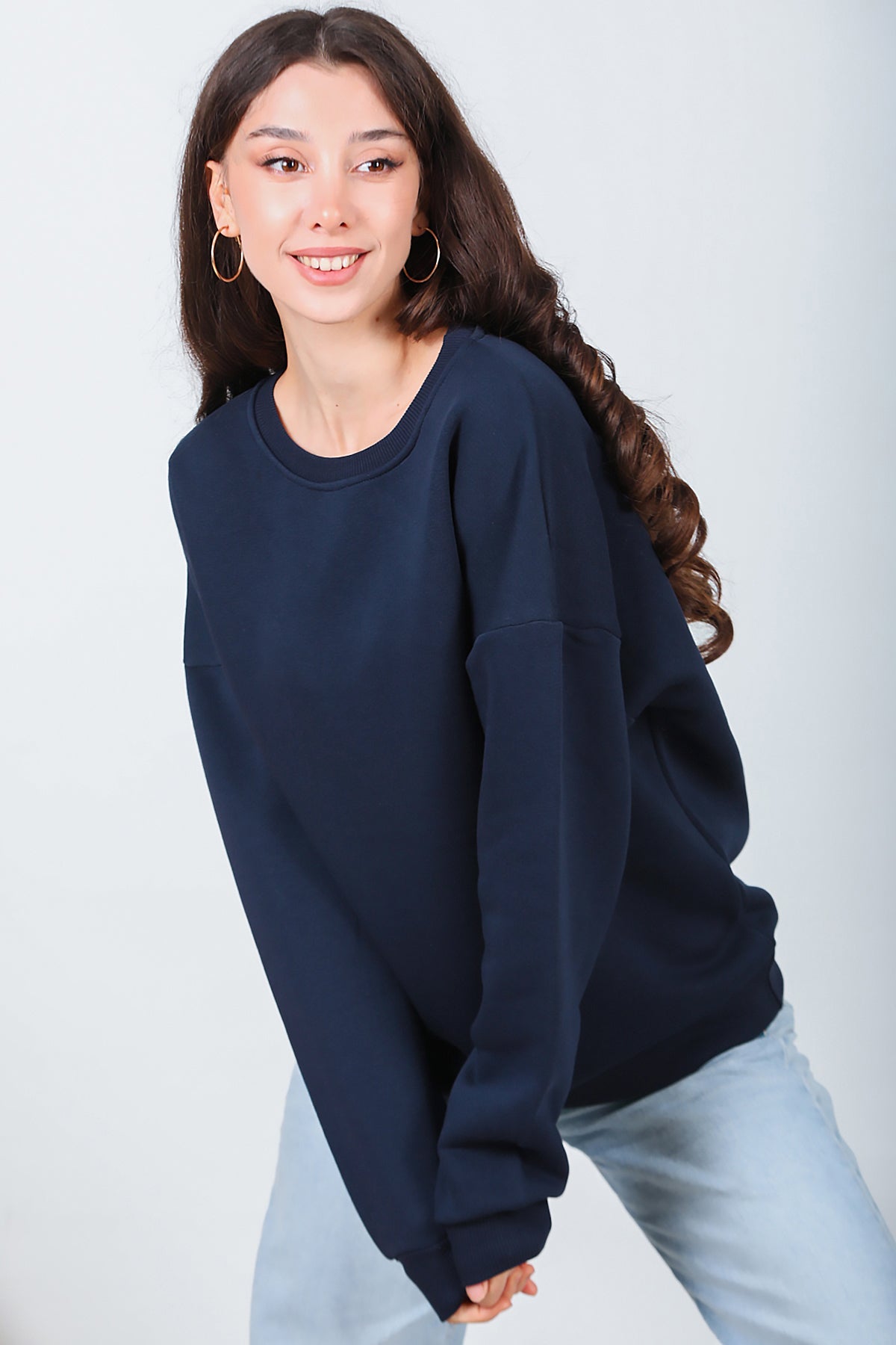 Kadın Bisiklet Yaka Üç İplik Oversize Sweat Lacivert