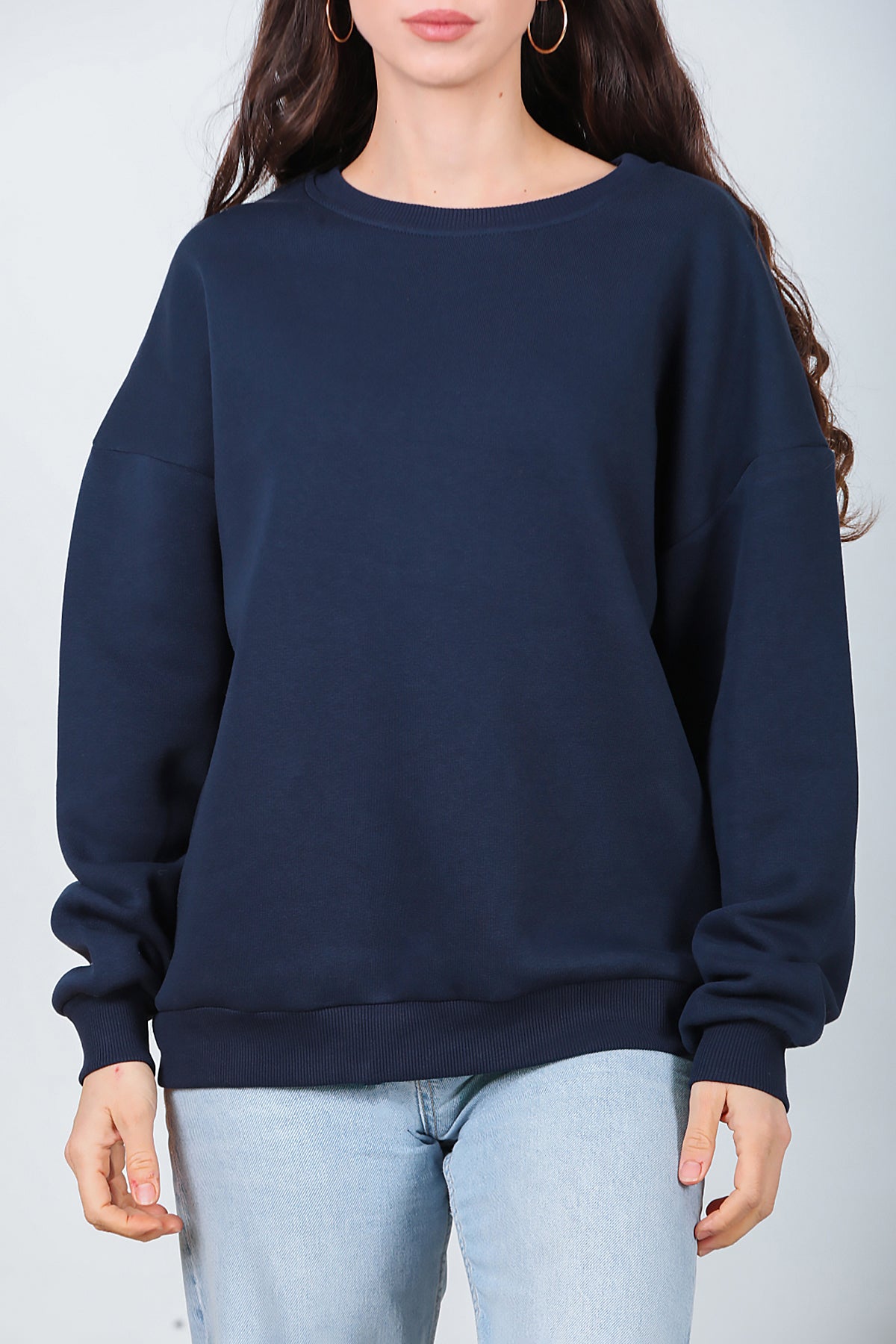 Kadın Bisiklet Yaka Üç İplik Oversize Sweat Lacivert