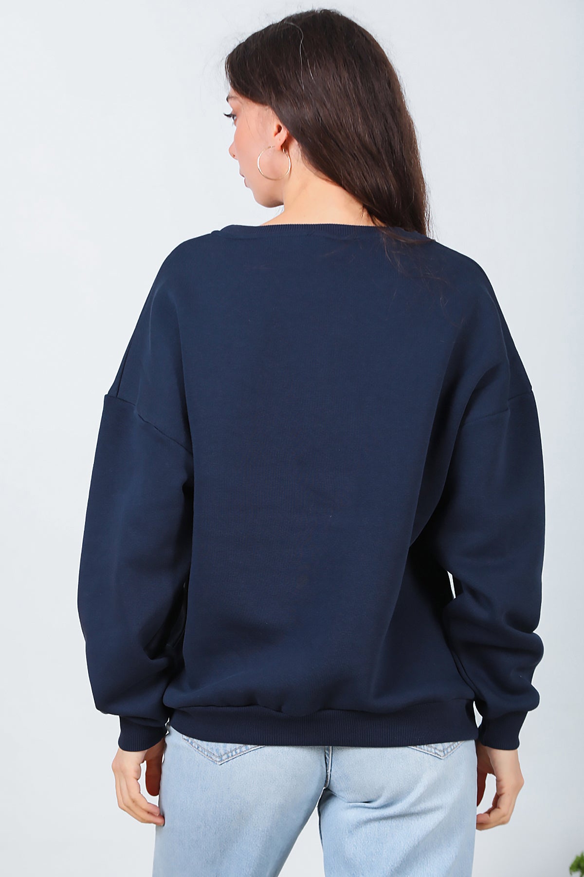 Kadın Bisiklet Yaka Üç İplik Oversize Sweat Lacivert