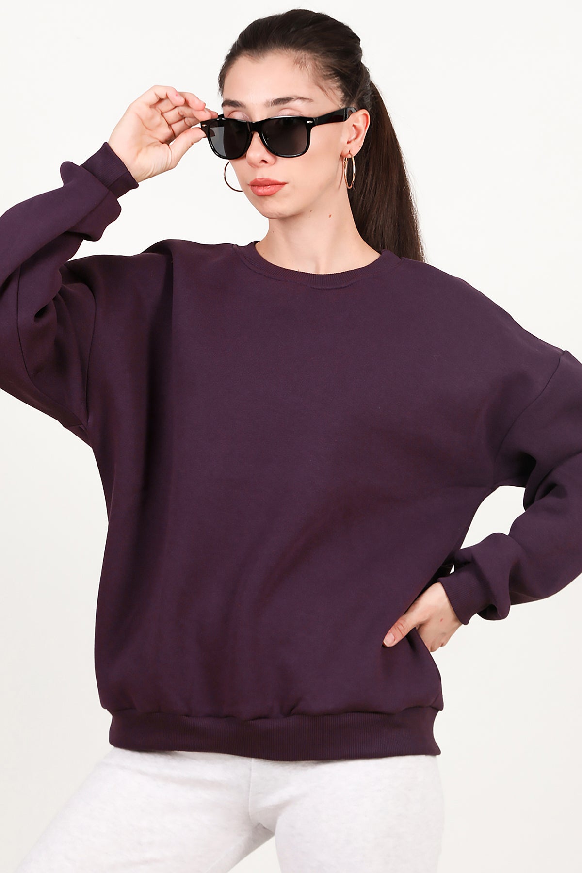 Kadın Bisiklet Yaka Üç İplik Oversize Sweat Mor