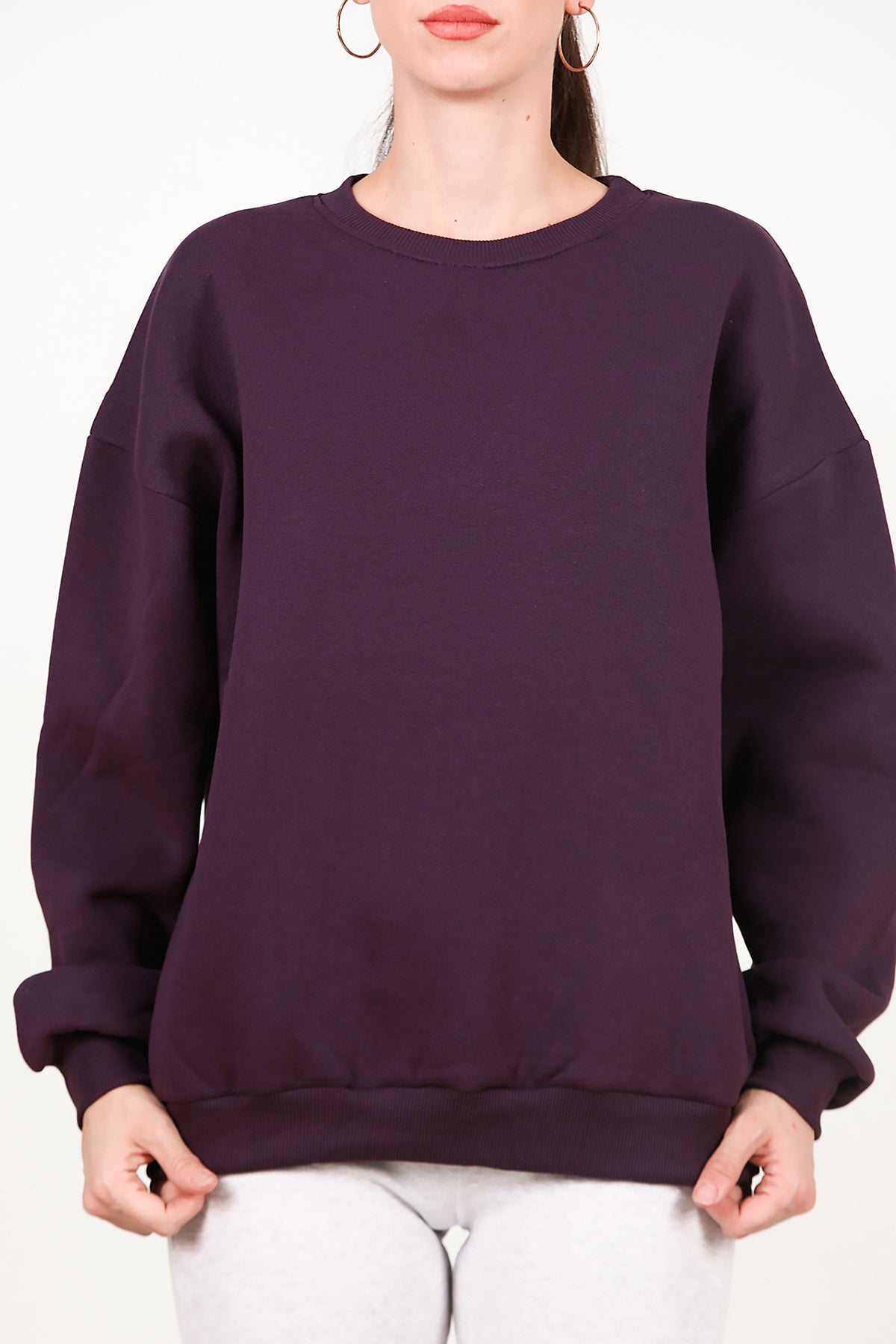Kadın Bisiklet Yaka Üç İplik Oversize Sweat Mor