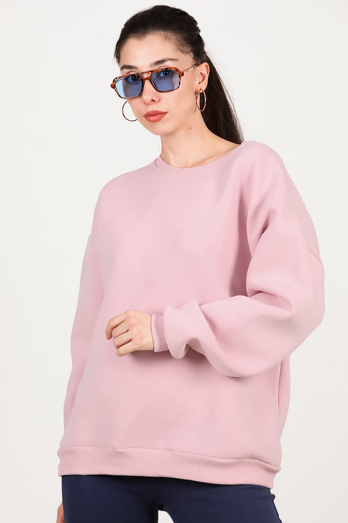 Kadın Bisiklet Yaka Üç İplik Oversize Sweat Pembe