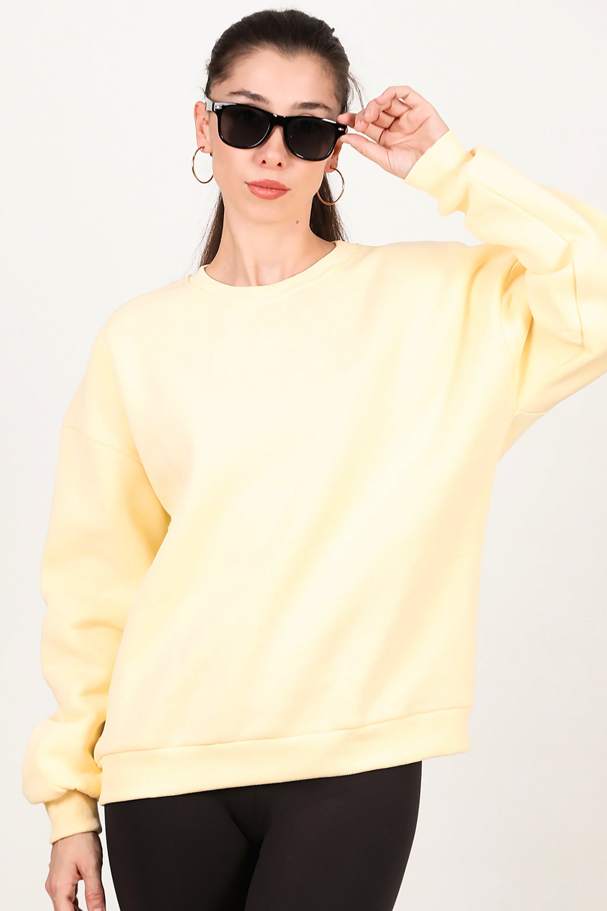 Kadın Bisiklet Yaka Üç İplik Oversize Sweat Sarı