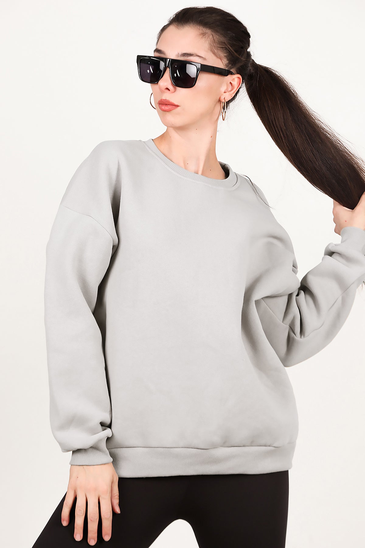 Kadın Bisiklet Yaka Üç İplik Oversize Sweat Vizon
