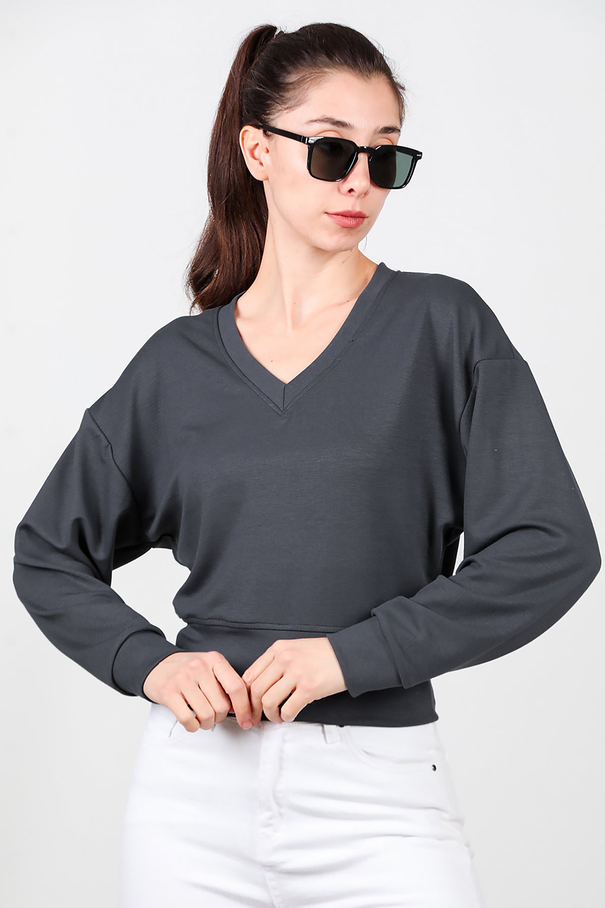 Kadın V Yaka Uzun Kol Sweat Füme