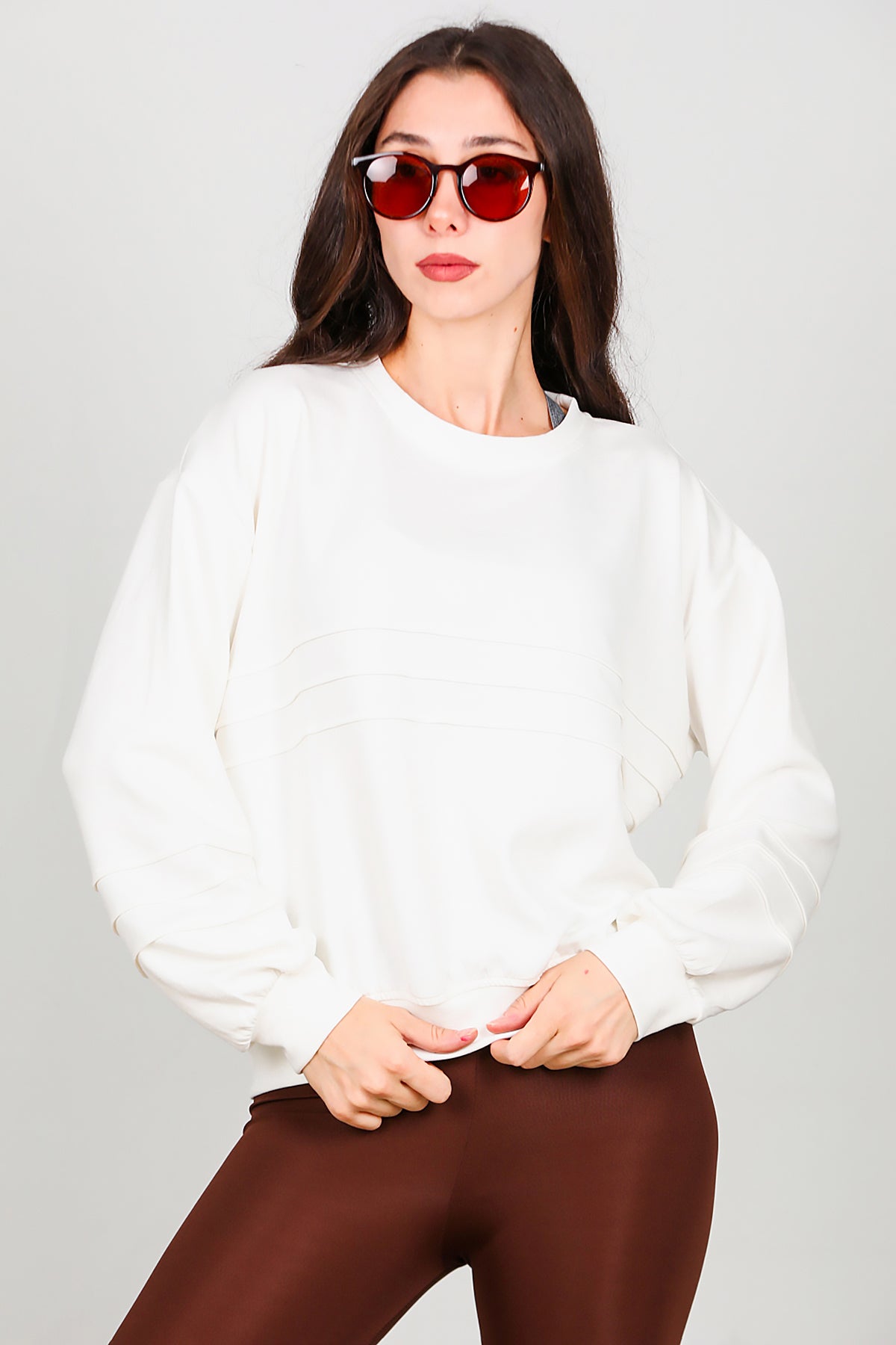 Kadın Önü Üç Dikişli Sweat Ekru