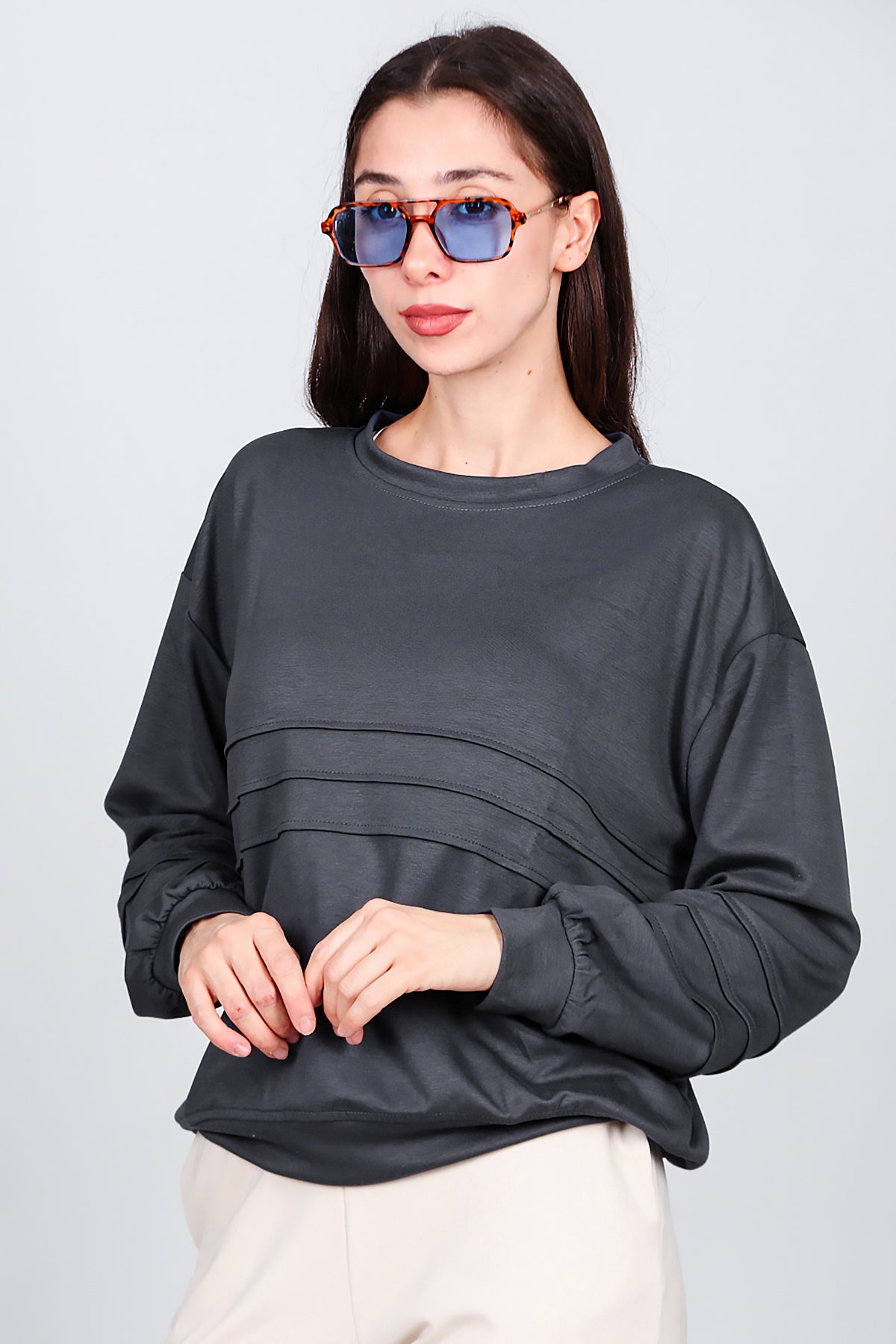 Kadın Önü Üç Dikişli Sweat Füme