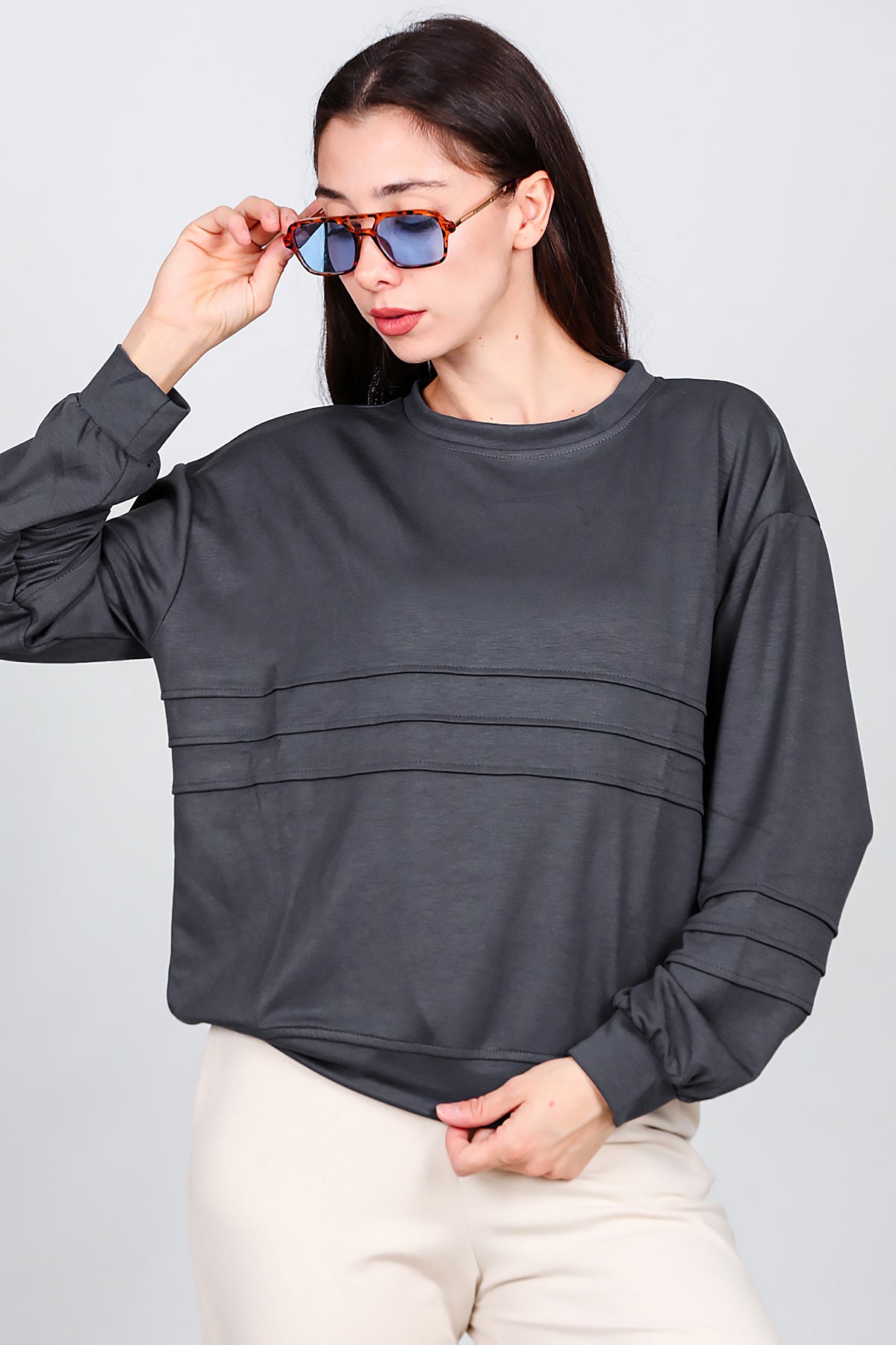 Kadın Önü Üç Dikişli Sweat Füme