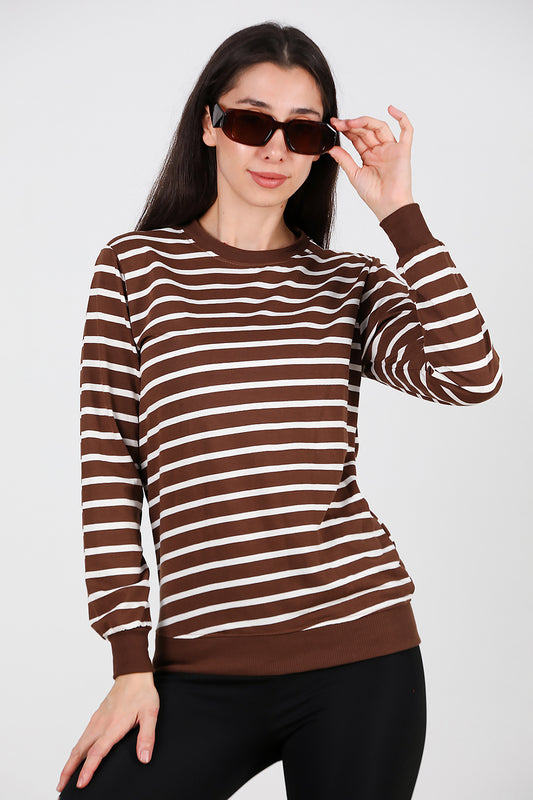 Kadın Çizgili Bisiklet Yaka Sweat Taba