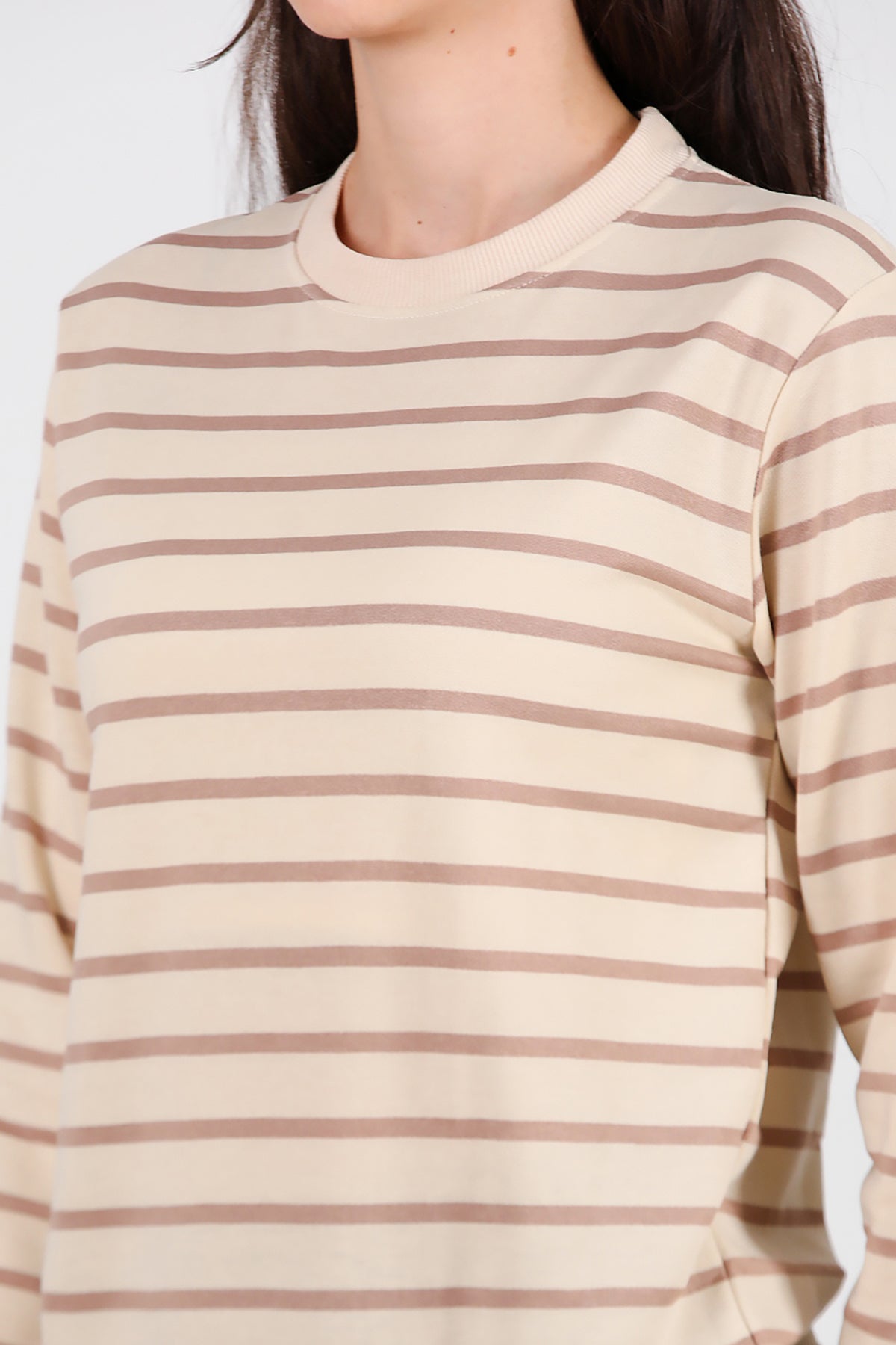 Kadın Çizgili Bisiklet Yaka Sweat Vizon