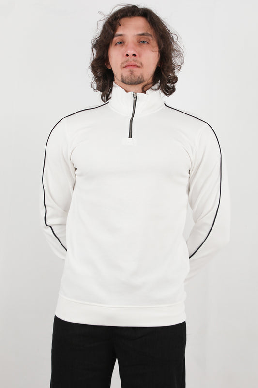 Strivex Erkek Yarım Fermuarlı Kol Şeritli Sweat Beyaz