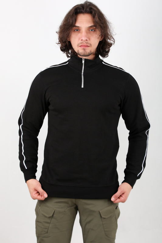 Strivex Erkek Yarım Fermuarlı Kol Şeritli Sweat Siyah