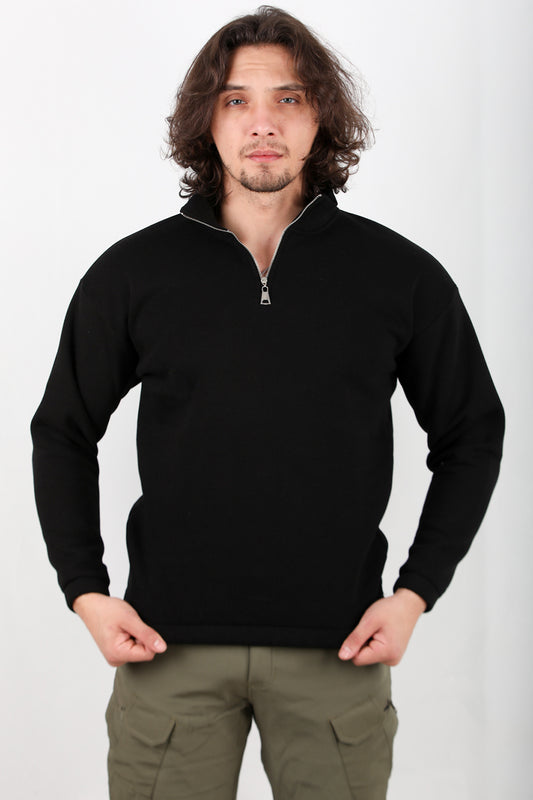 Standneck Erkek Dik Yaka Bel Kol Lastikli Şardonlu Sweat Siyah